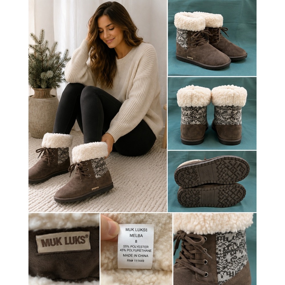 Muk Luks Winter Boots Women 7 Nordic Cabin Core Cozy Faux Fur Fair Isle Brown